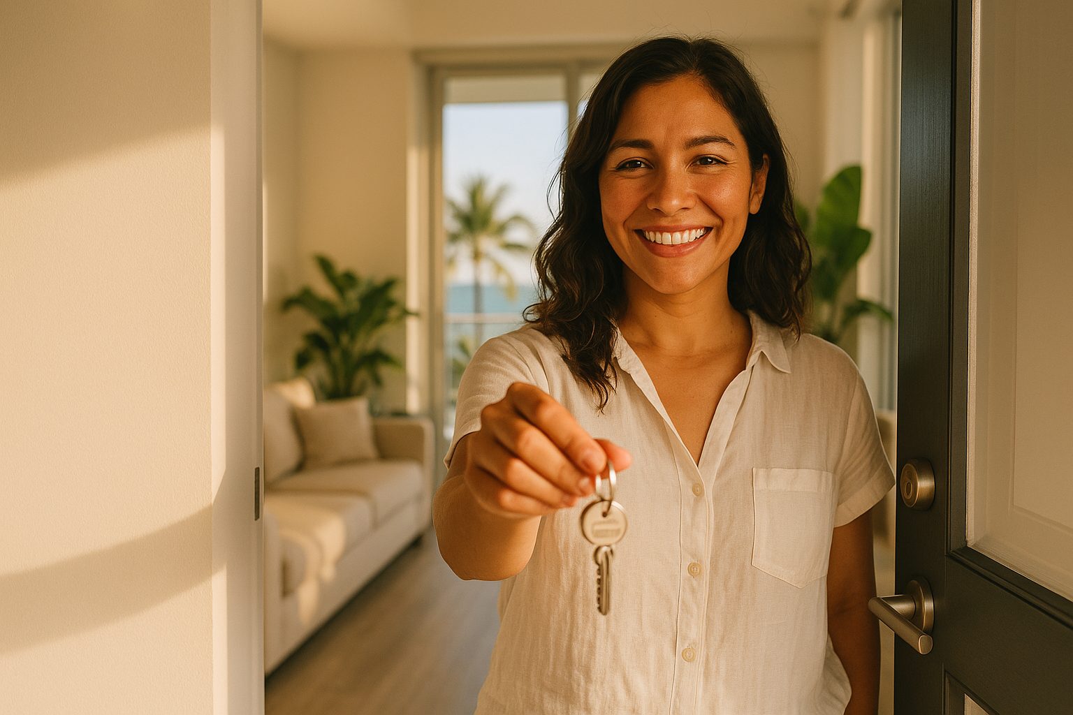 A SunHosts host at the door of a bright Miami apartment, holding out the keys